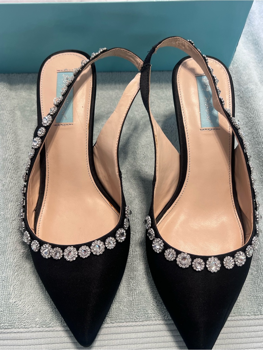 Blue by Betsey Johnson Black Satin Rhinestone Slingback Pointed Toe Stiletto 10